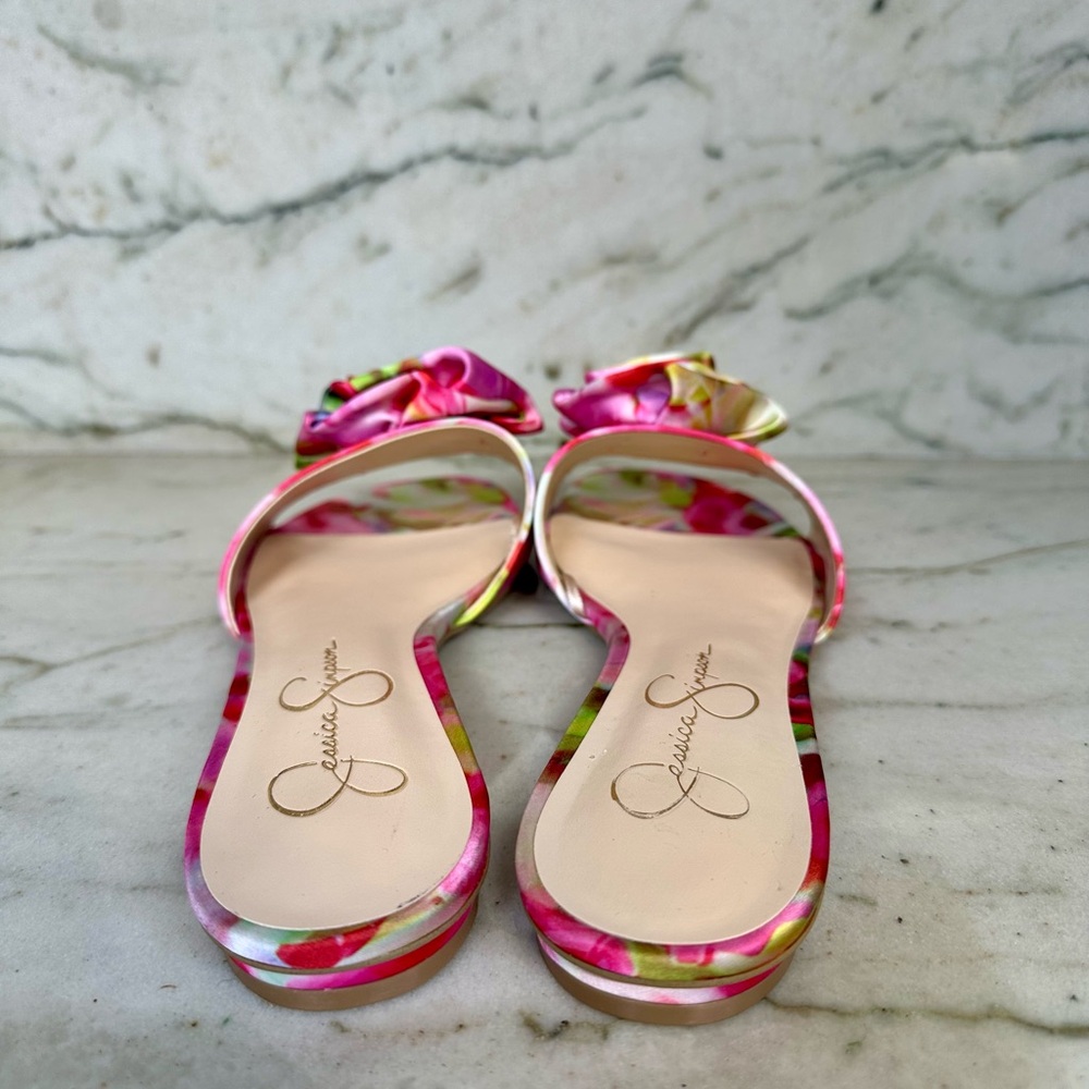 Jessica Simpson Floral Rosette Slide Sandals Pink Satin Mule Flats Size 8 - Picture 6 of 7